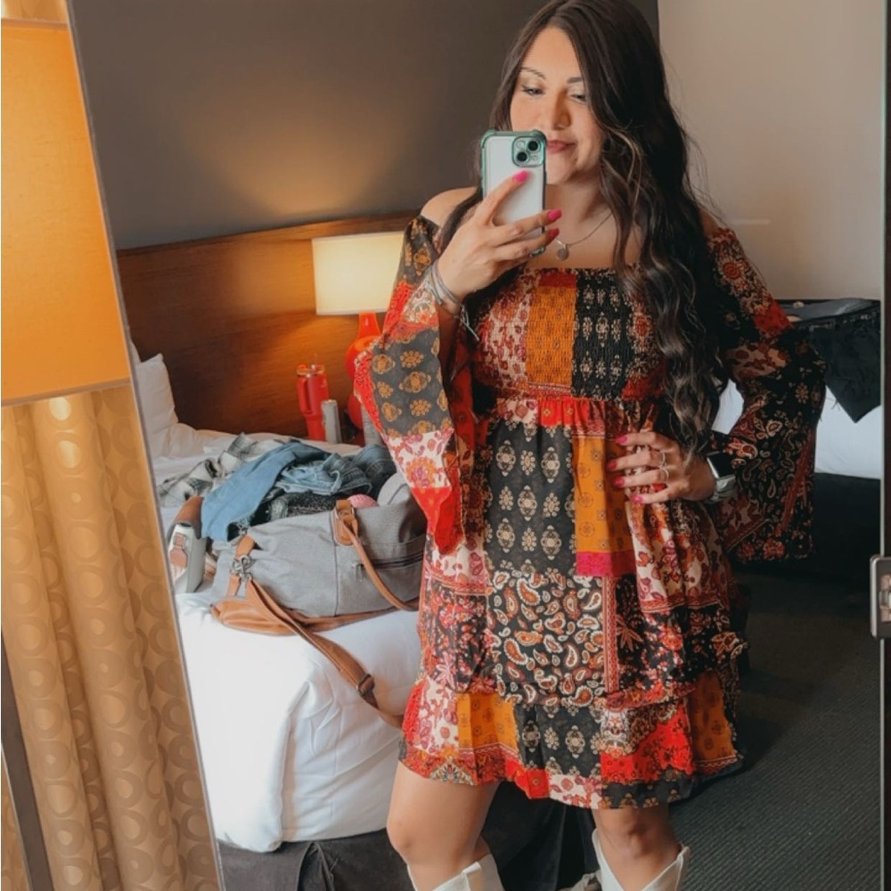 Pink Lily Patchwork Print Off Shoulder Dress - image 3